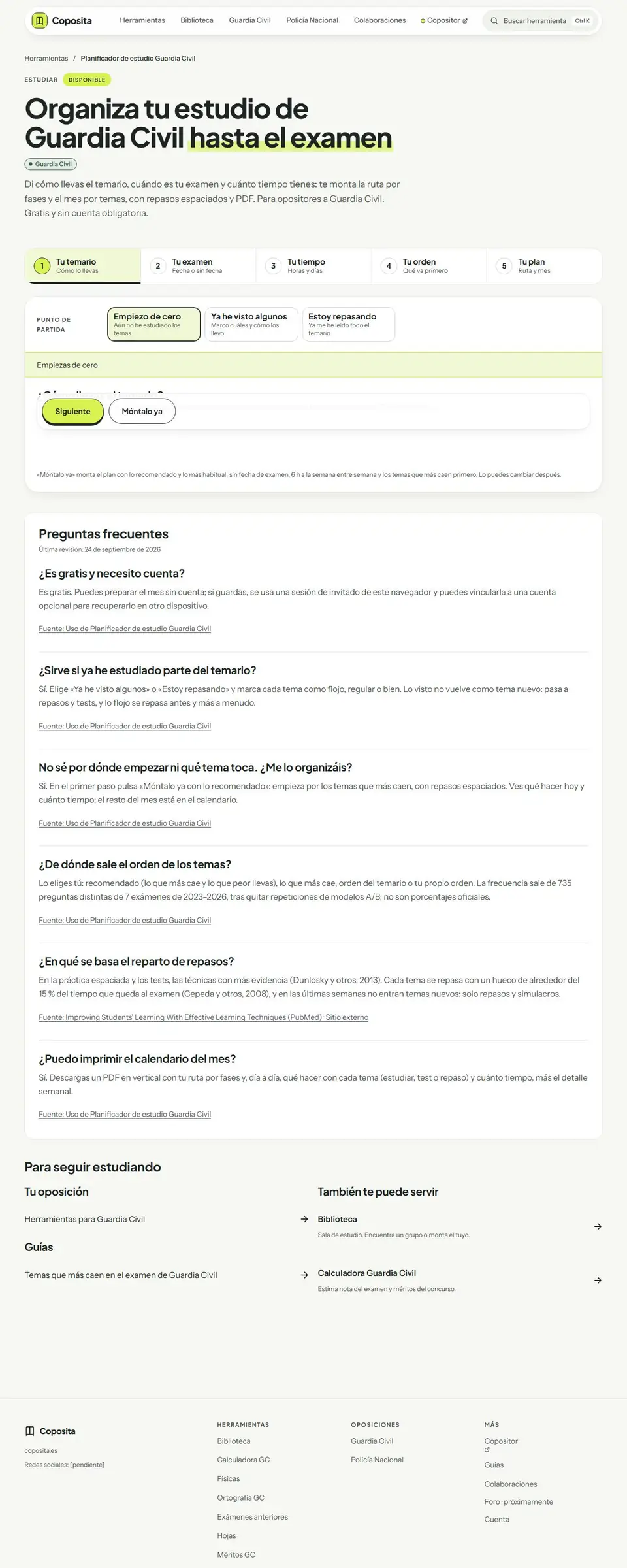 Planificador de estudio de Guardia Civil: primer paso del formulario