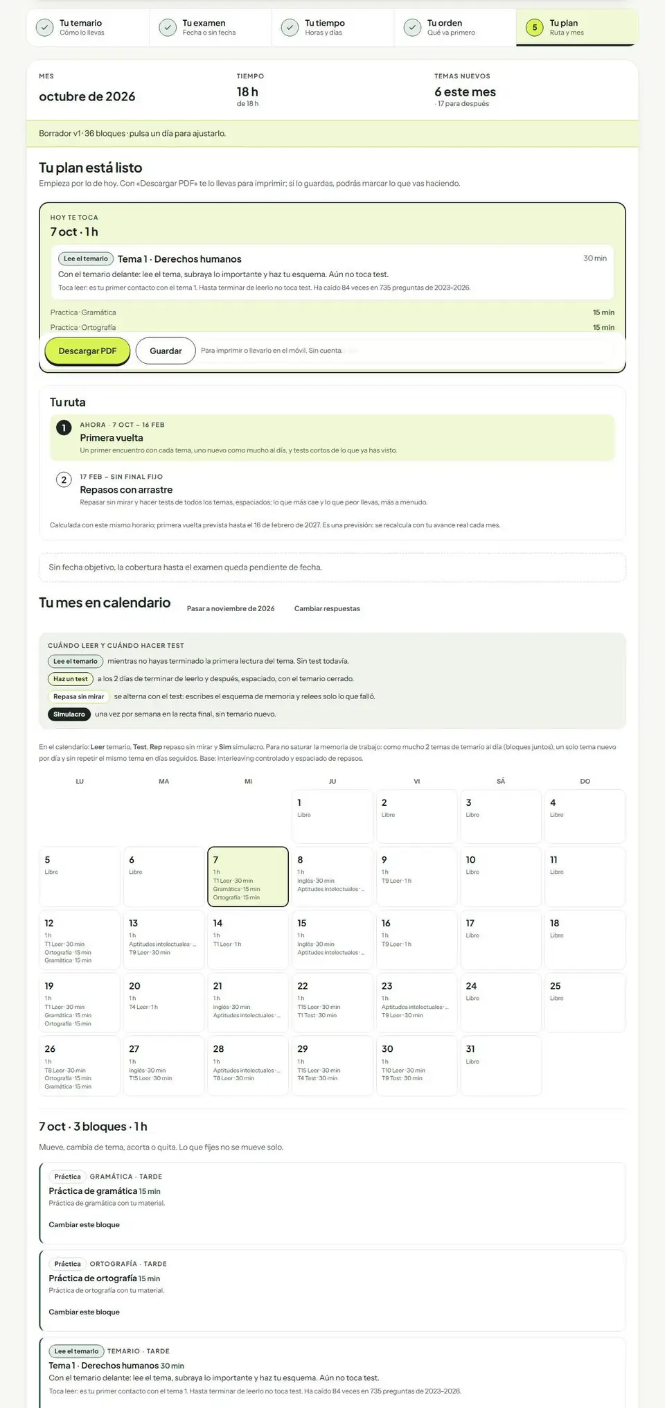 Planificador de estudio: el plan generado con el calendario del mes